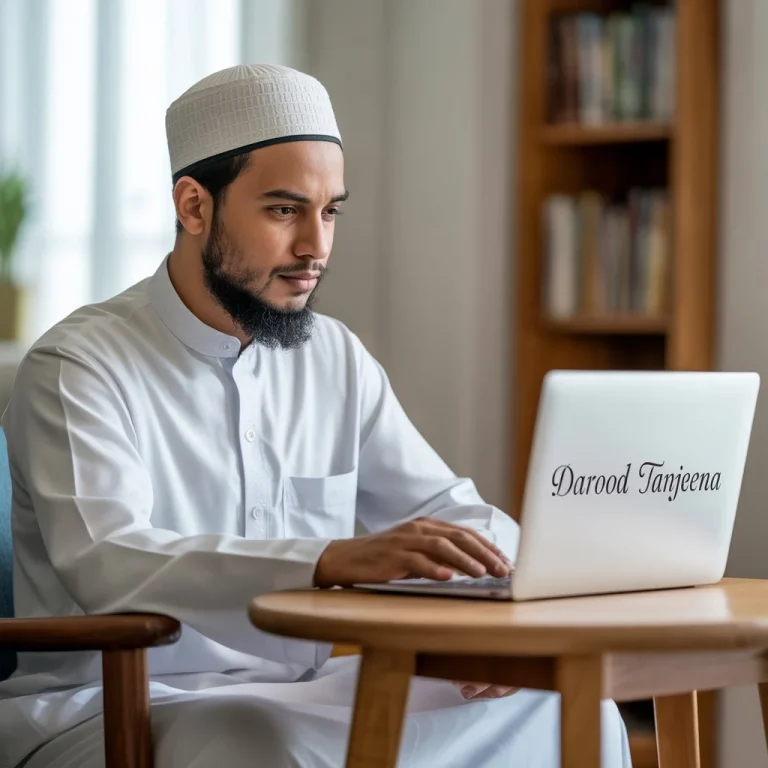 A young man reading online''Darood Tanjeena''on laptop.