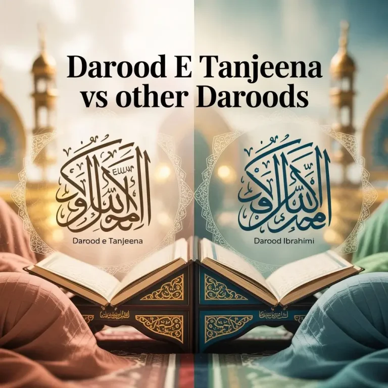 Visual comparison of Darood e Tanjeena and other Daroods with beautifully designed Arabic calligraphy, open Quran, and mosque backdrop, highlighting the theme 'Darood e Tanjeena vs Other Daroods' for educational Islamic content.