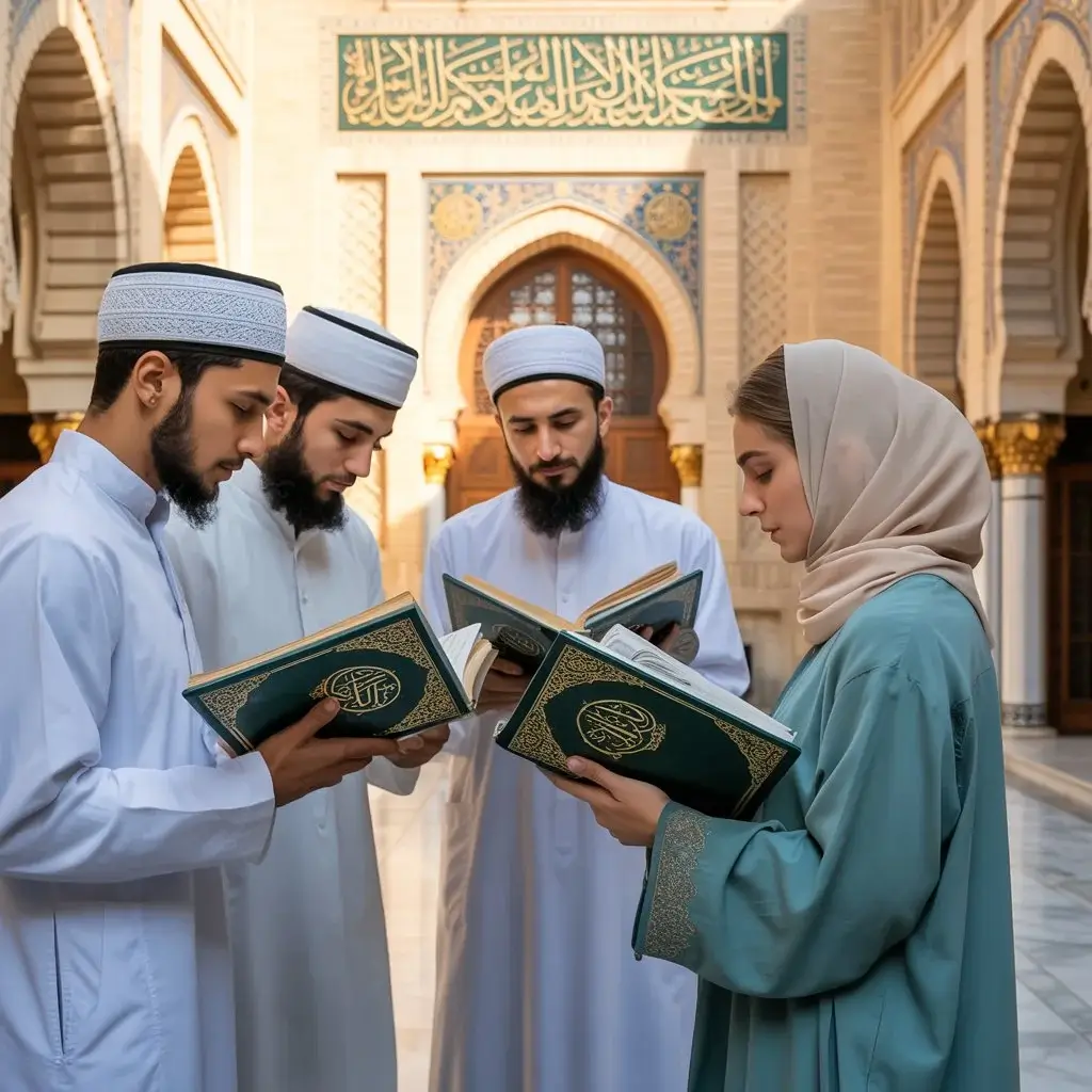 Group of Muslim men and a woman in traditional Islamic dress reciting Darood e Tanjeena together in a beautiful mosque courtyard, holding open Qurans with intricate designs, symbolizing devotion and unity in Islamic prayer